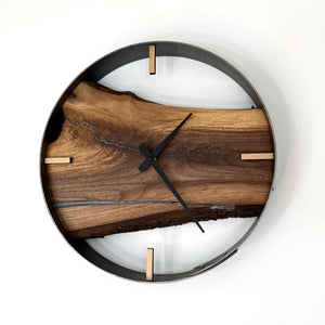 *NEW // 14” Black Walnut Live Edge Wood Wall Clock ft. Metallic Silver Inlay