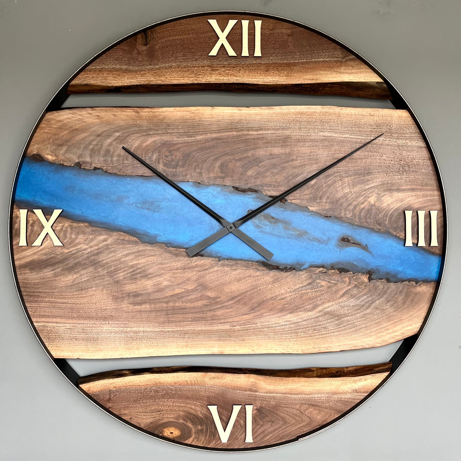 *NEW // 42” Black Walnut Live Edge Wood Wall Clock ft. Maui Blue Epoxy Inlay