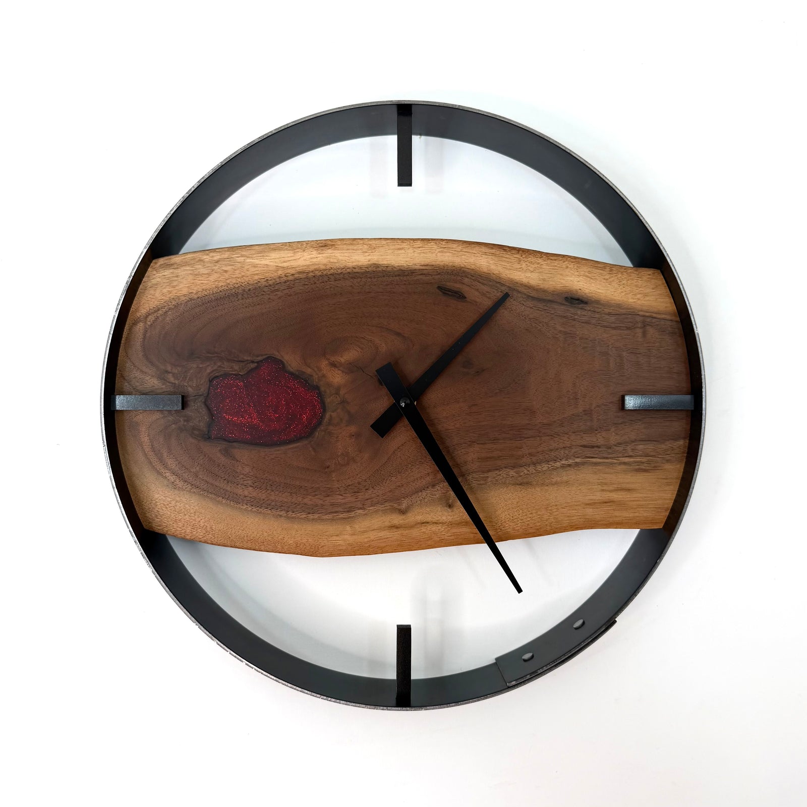 14” Black Walnut Live Edge Wood Wall Clock ft. Metallic Red Inlay