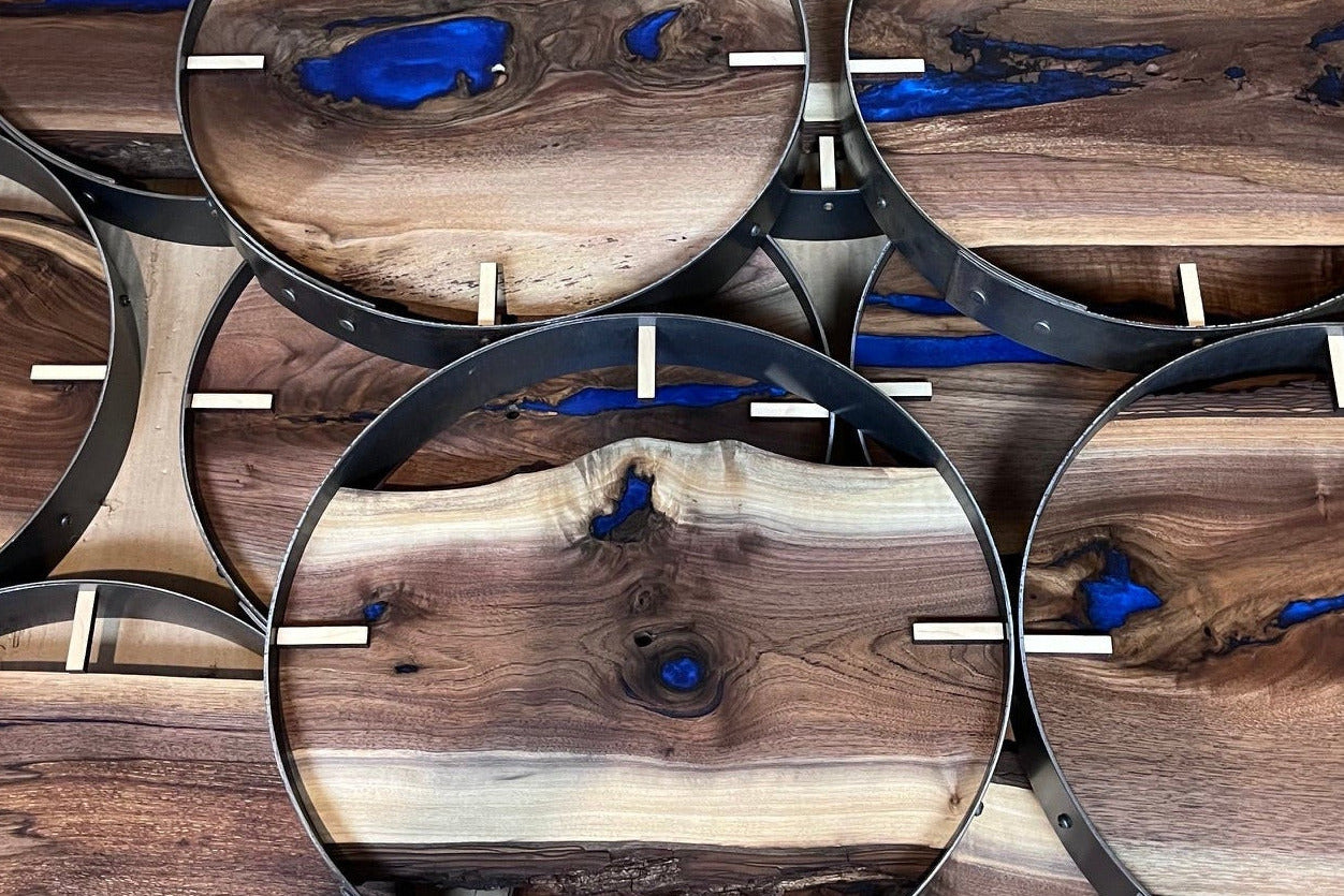 Branded corporate merchandise — live edge wood clock with logo engraving
