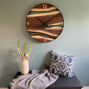 *NEW // 30” Black Walnut Live Edge Wood Clock ft. Teal Epoxy Inlay