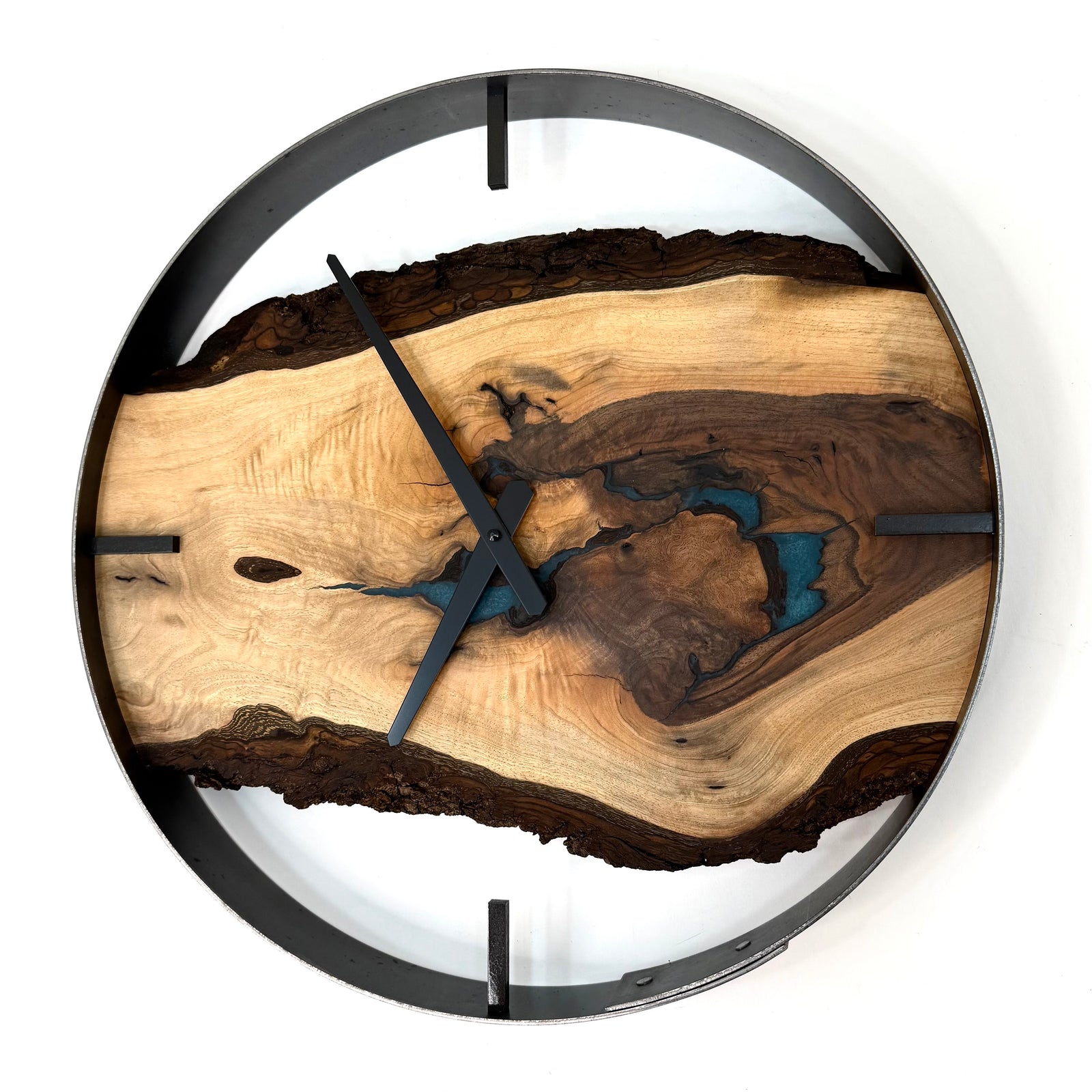 18” Black Walnut Live Edge Wood Wall Clock ft. Turquoise Epoxy Inlay
