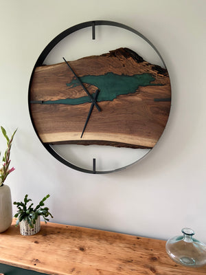 34” Walnut Live Edge Wood Clock ft. Griffins Fury Epoxy Inlay