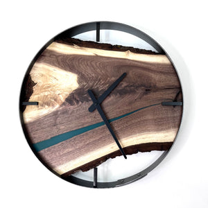 *NEW // 18” Black Walnut Live Edge Wood Wall Clock ft. Metallic Green Inlay