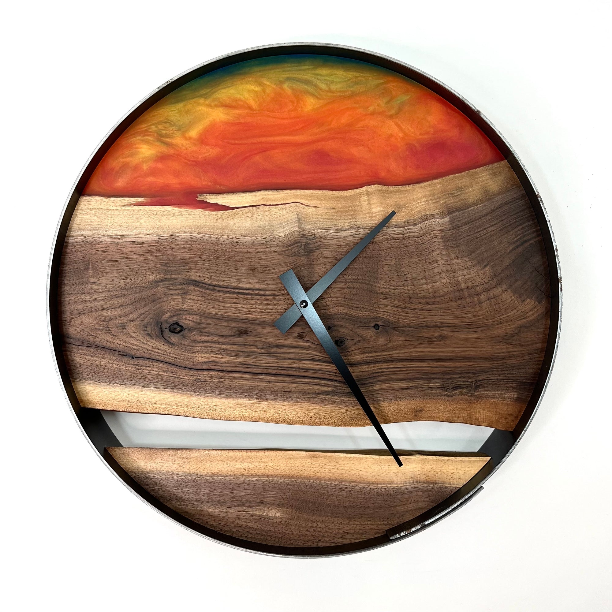 *NEW // 14” Black Walnut Live Edge Wood Wall Clock ft. Sunrise Epoxy Inlay