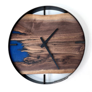 *NEW // 18” Black Walnut Live Edge Wood Wall Clock ft. Metallic Blue Epoxy Inlay