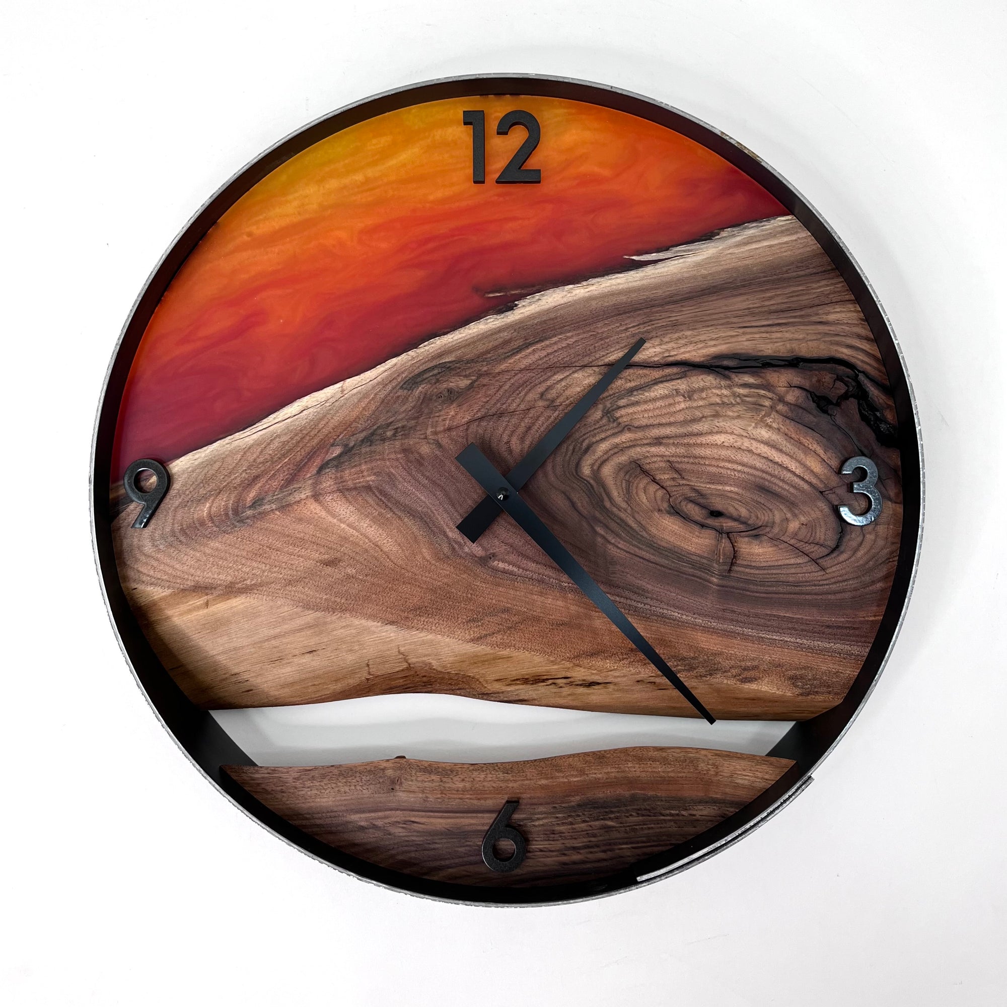 *NEW // 14” Black Walnut Live Edge Wood Wall Clock ft. Sunrise Epoxy Inlay