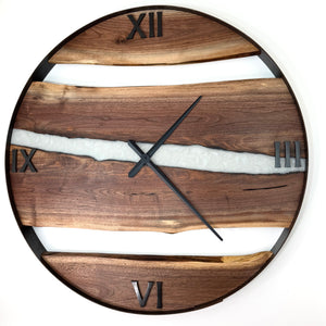 *NEW // 34” Walnut Live Edge Wood Wall Clock ft. Metallic White Epoxy Inlay