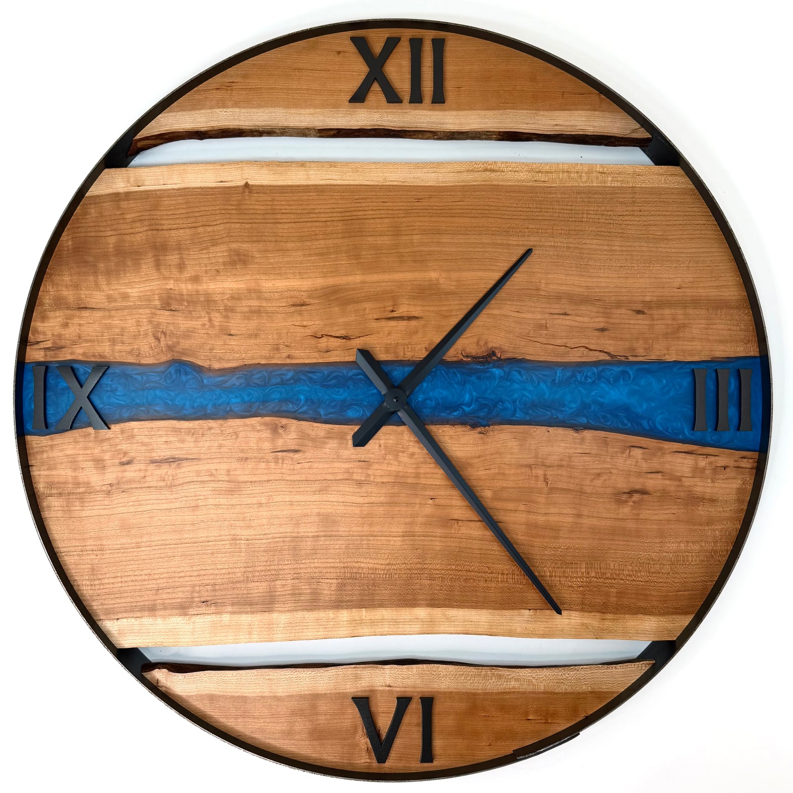 34” Cherry Live Edge Wood Wall Clock ft. Blue Epoxy Inlay