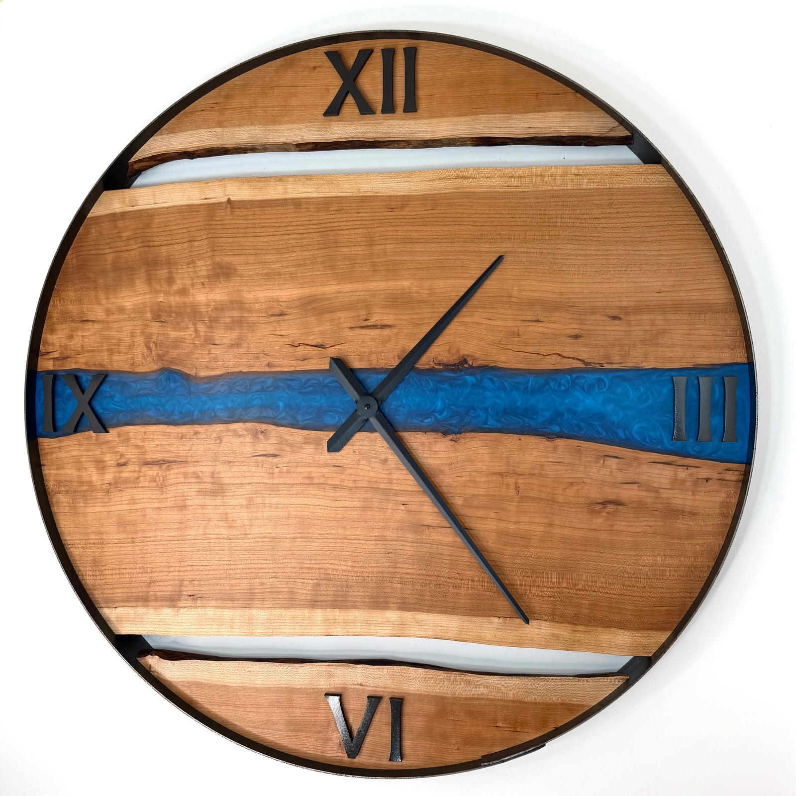 34” Cherry Live Edge Wood Wall Clock ft. Blue Epoxy Inlay