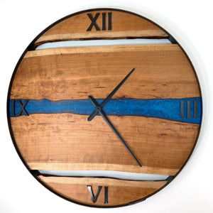 34” Cherry Live Edge Wood Wall Clock ft. Blue Epoxy Inlay