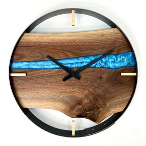 18” Black Walnut Live Edge Wood Wall Clock ft. Metallic Blue Epoxy Inlay