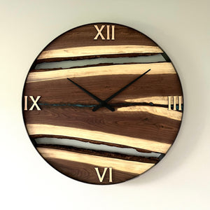 34” Walnut Live Edge Wood Clock ft. Teal Epoxy Inlay
