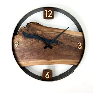 14” Black Walnut Live Edge Wood Wall Clock ft. Navy Blue Epoxy Inlay
