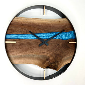 18” Black Walnut Live Edge Wood Wall Clock ft. Metallic Blue Epoxy Inlay