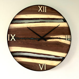 34” Walnut Live Edge Wood Clock ft. Teal Epoxy Inlay