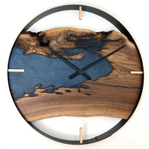 *NEW // 30” Black Walnut Live Edge Wood Clock ft. Navy Metallic Epoxy Inlay