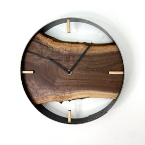 14” Black Walnut Live Edge Wood Wall Clock ft. Black Epoxy Inlay