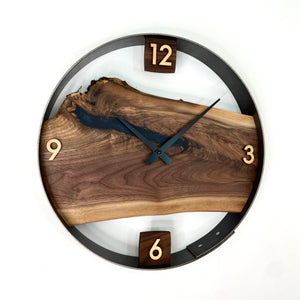 14” Black Walnut Live Edge Wood Wall Clock ft. Navy Blue Epoxy Inlay