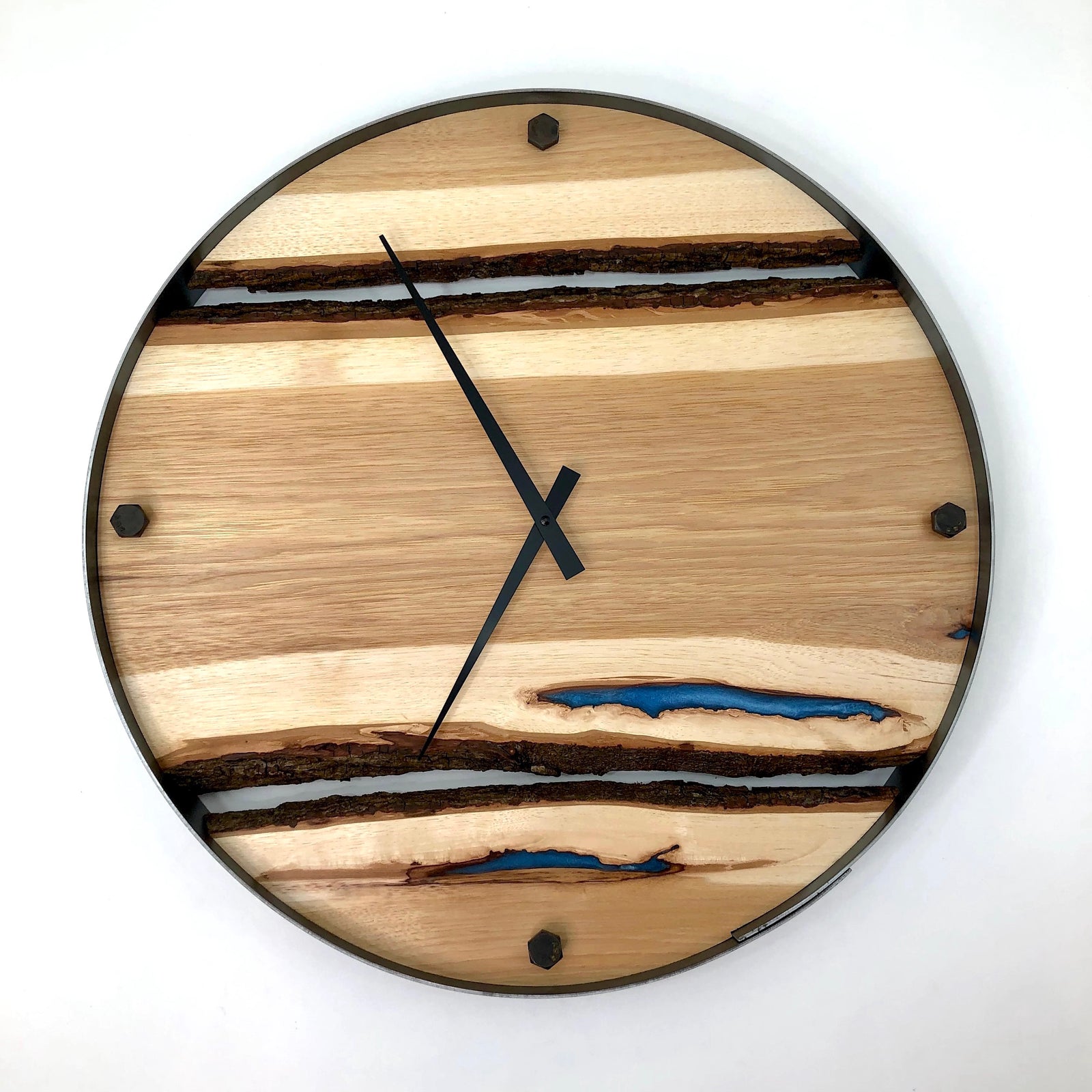 21” Hickory Live Edge Wood Clock ft. Maui Blue Epoxy Inlay