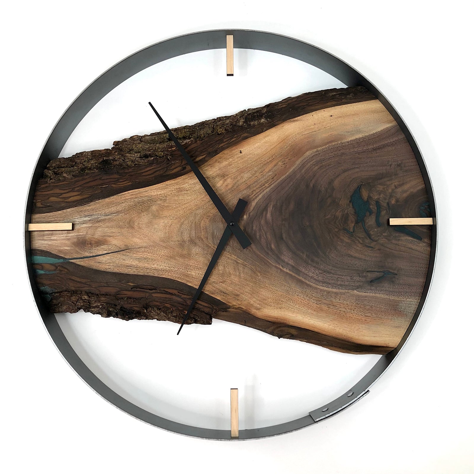 21” Black Walnut Live Edge Wood Clock ft. Green Epoxy Inlay