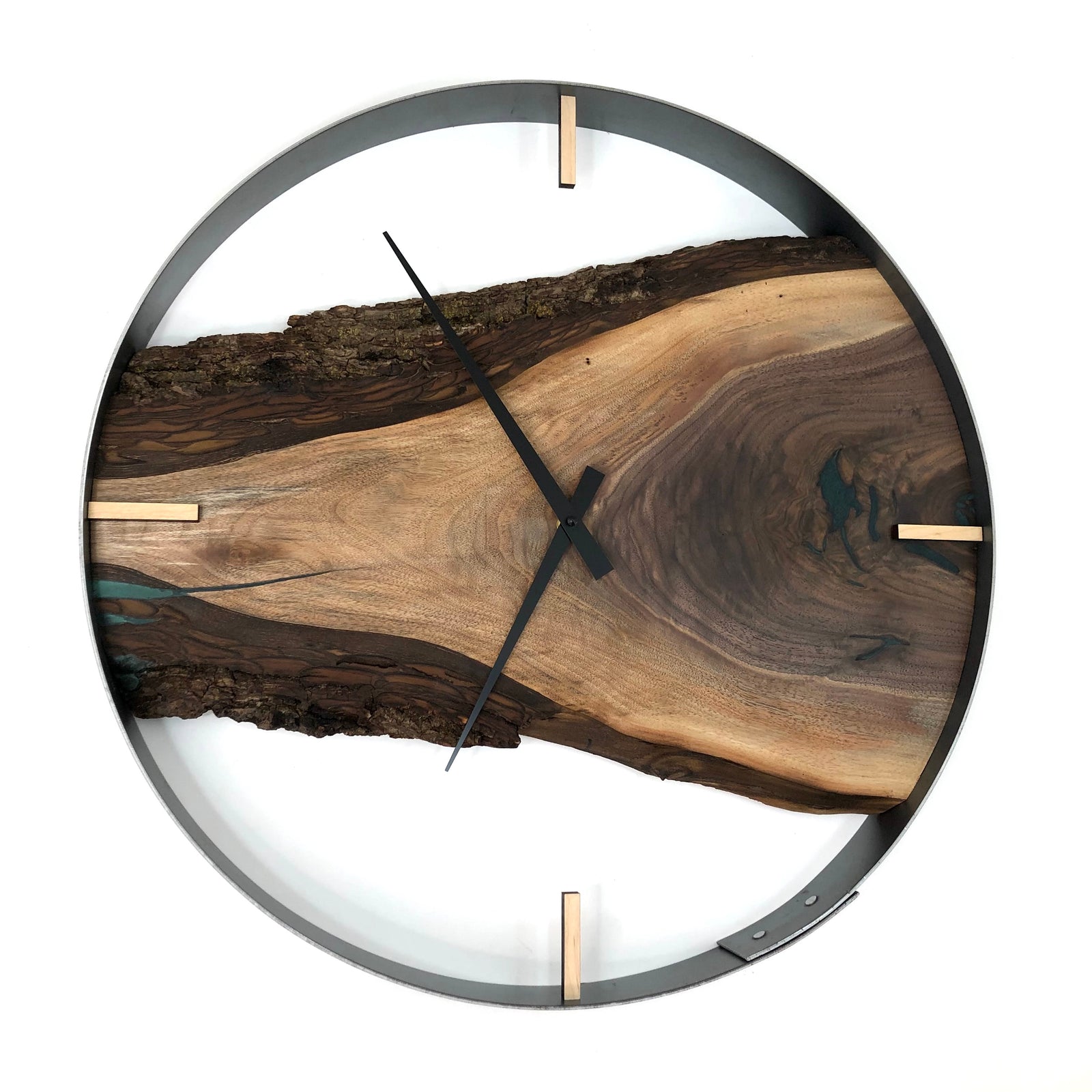 21” Black Walnut Live Edge Wood Clock ft. Green Epoxy Inlay