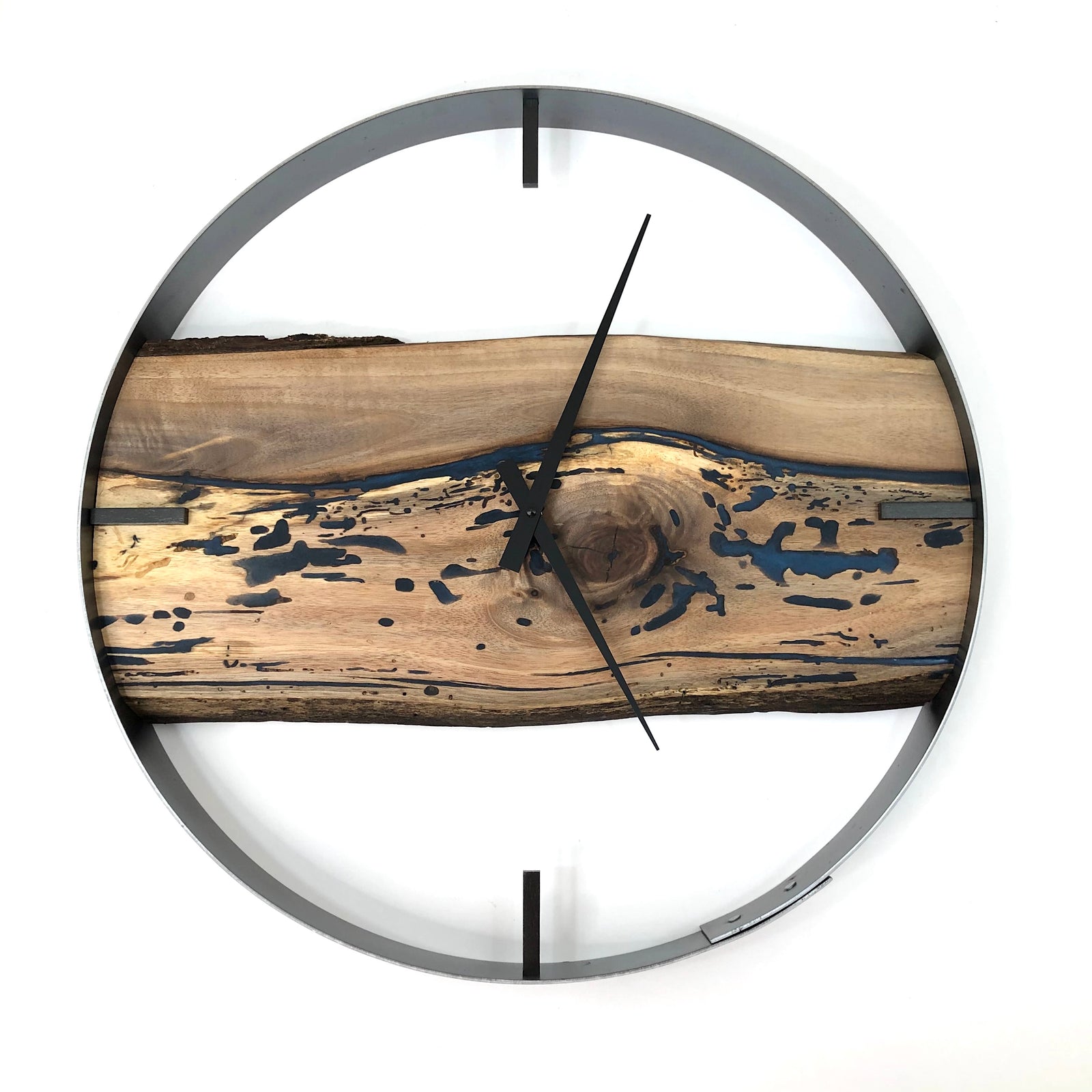 21” Black Walnut Live Edge Wood Clock ft. Blue Epoxy Inlay