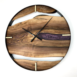 25” Black Walnut Live Edge Wood Clock ft. Metallic Wine Epoxy Inlay