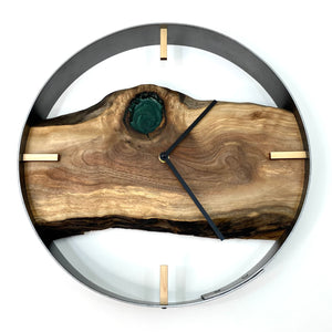 14” Black Walnut Live Edge Wood Wall Clock ft. Metallic Emerald Green Epoxy Inlay