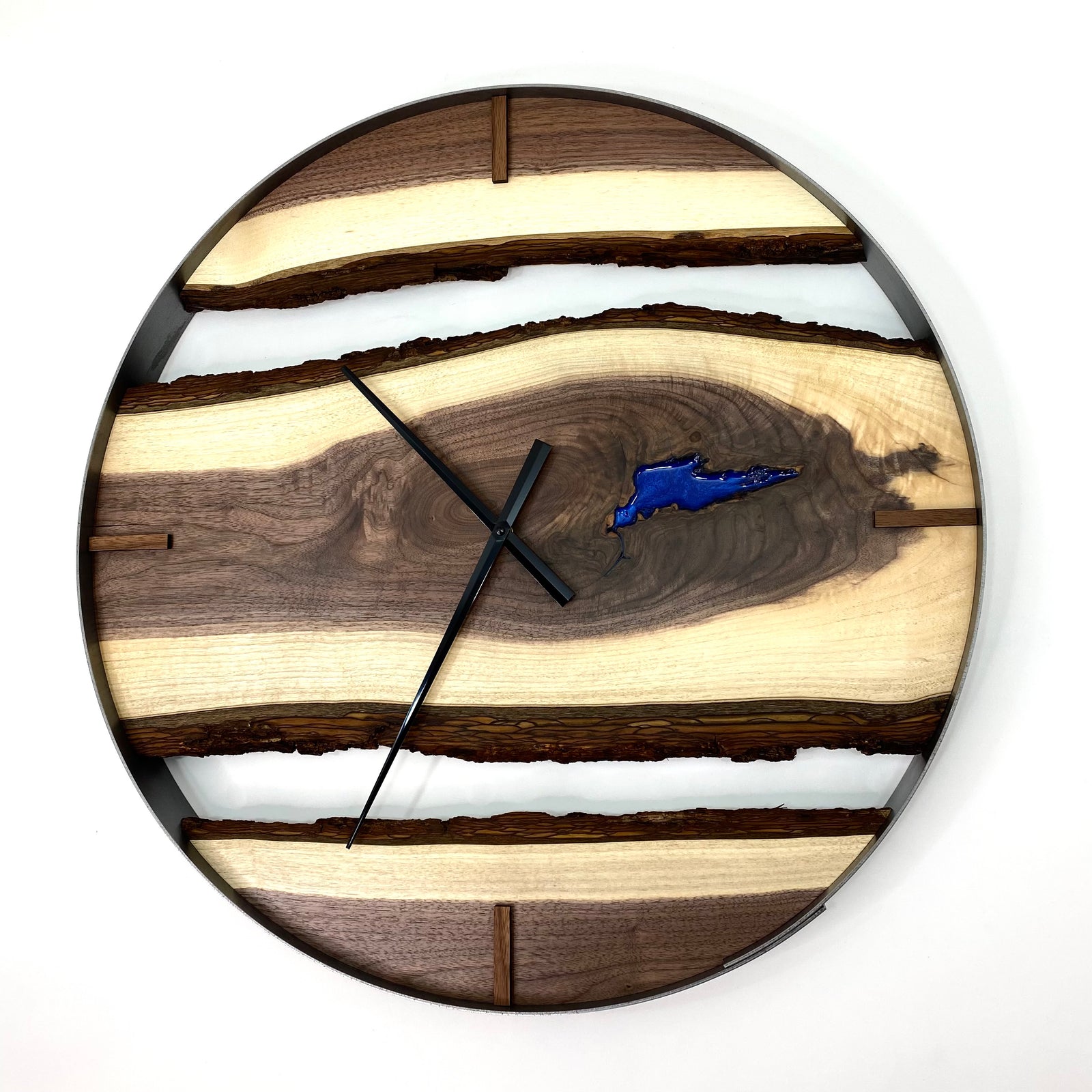 25” Black Walnut Live Edge Wood Clock ft. Ocean Blue Epoxy Inlay