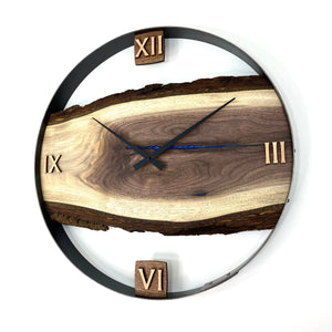 21” Black Walnut Live Edge Wood Clock ft. Blue Epoxy Inlay