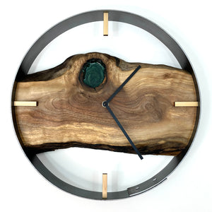 14” Black Walnut Live Edge Wood Wall Clock ft. Metallic Emerald Green Epoxy Inlay
