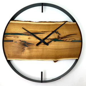 30” Mulberry Live Edge Wood Clock ft. Green Epoxy Inlay