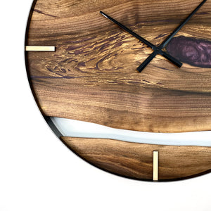 25” Black Walnut Live Edge Wood Clock ft. Metallic Wine Epoxy Inlay