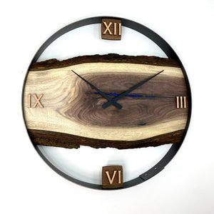 21” Black Walnut Live Edge Wood Clock ft. Blue Epoxy Inlay